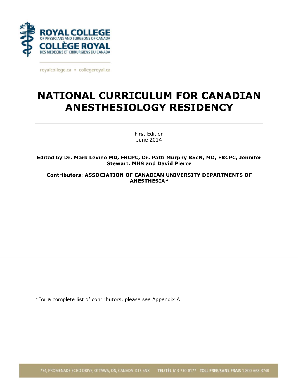 National Curriculum for Canadian Anesthesiology