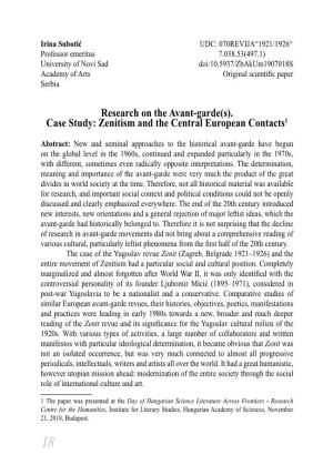 Research on the Avant-Garde(S). Case Study: Zenitism and the Central European Contacts1