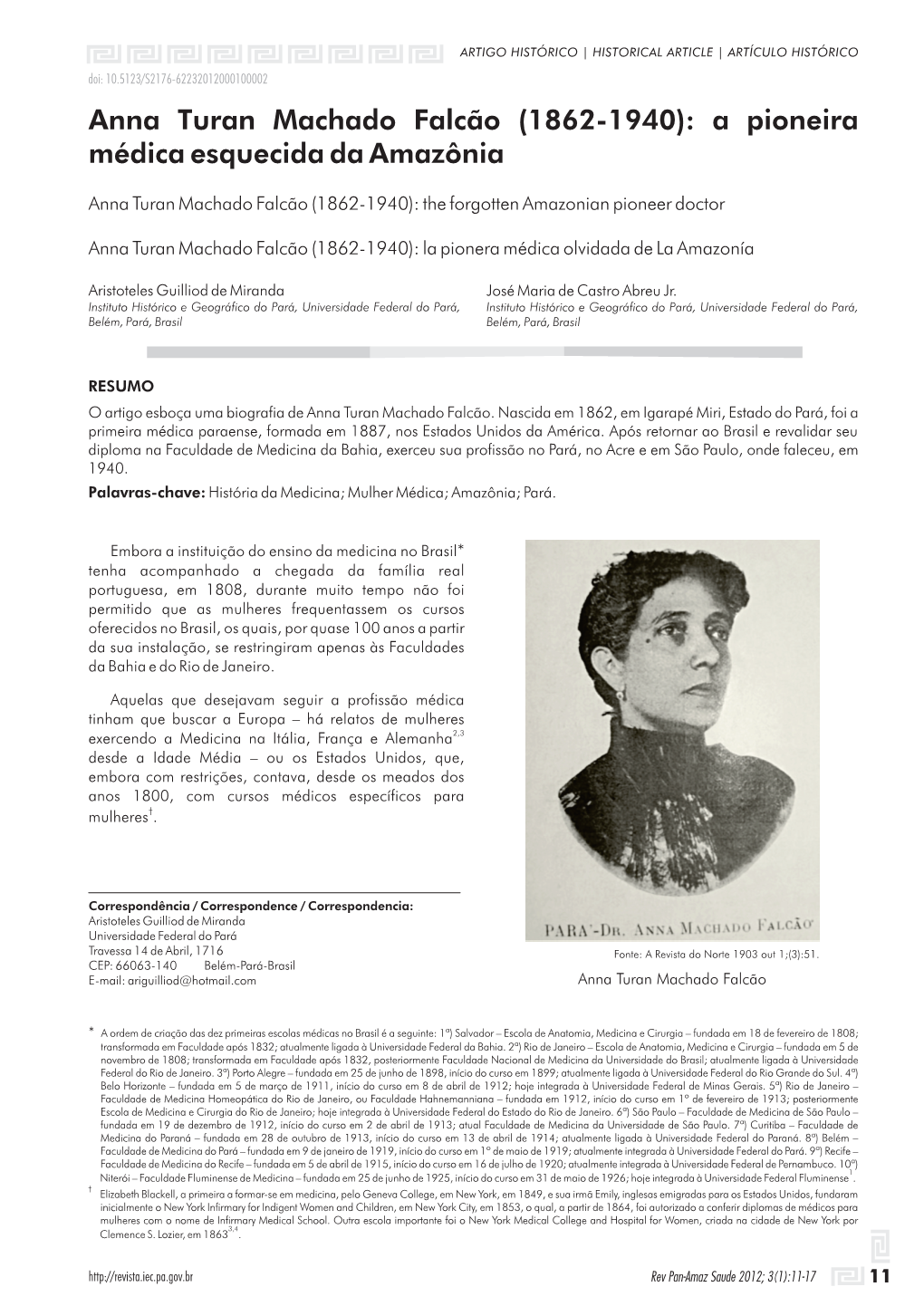 Anna Turan Machado Falcão (1862-1940): a Pioneira Médica Esquecida Da Amazônia