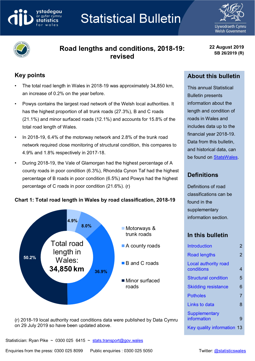 Road Lengths and Conditions, 2018-19: 22 August 2019 SB 26/2019 (R) Revised