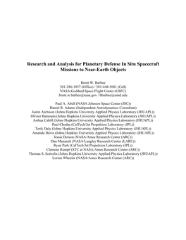 Research and Analysis for Planetary Defense in Situ Spacecraft Missions to Near-Earth Objects
