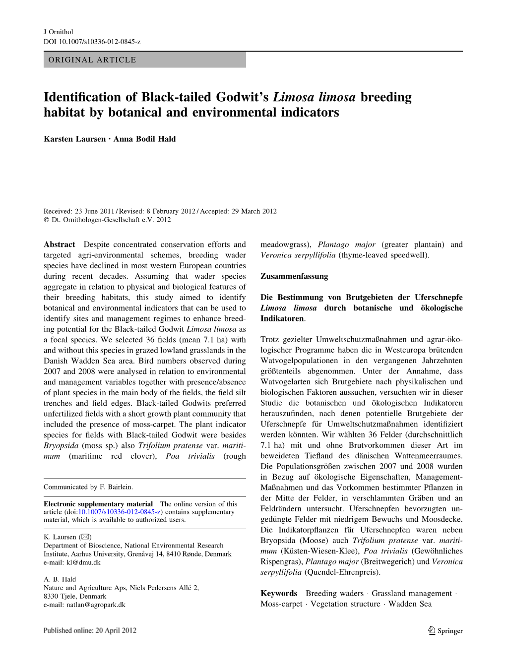 Identification of Black-Tailed Godwit's Limosa Limosa Breeding Habitat By