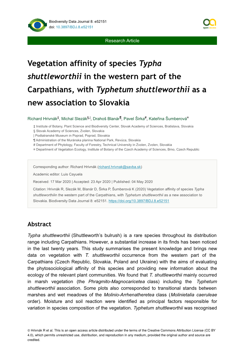 Vegetation Affinity of Species Typha Shuttleworthii in the Western Part of the Carpathians, with Typhetum Shuttleworthii As a New Association to Slovakia