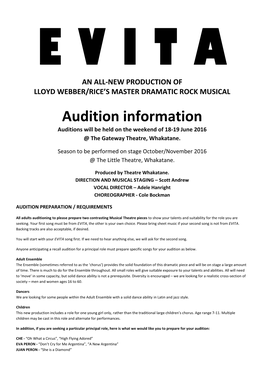 Audition Information Auditions Will Be Held on the Weekend of 18-19 June 2016 @ the Gateway Theatre, Whakatane