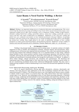 Laser Beams a Novel Tool for Welding: a Review