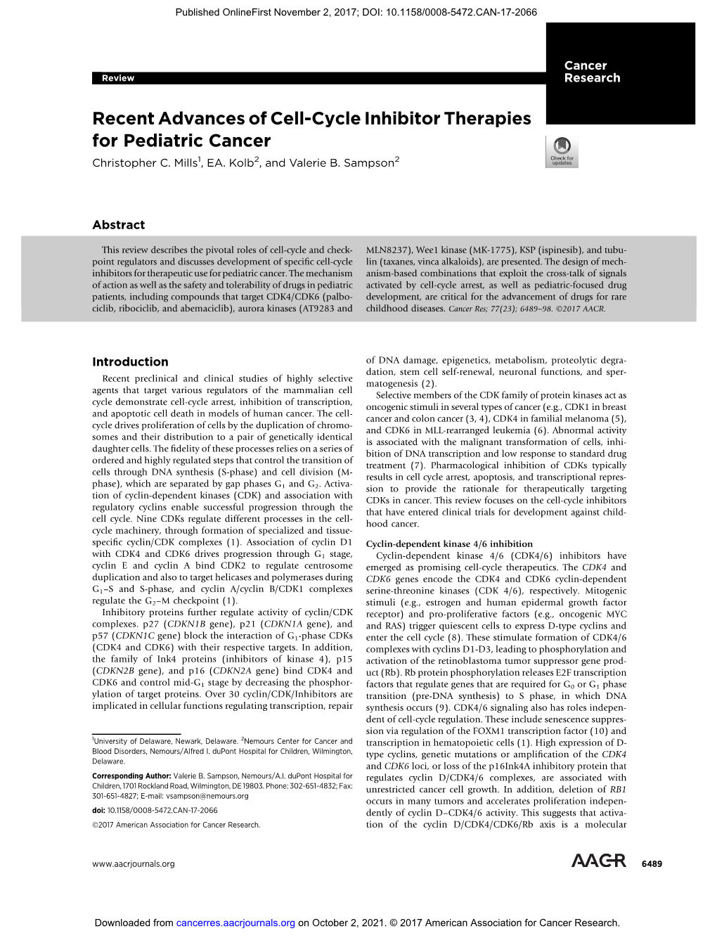 Recent Advances of Cell-Cycle Inhibitor Therapies for Pediatric Cancer Christopher C