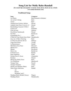 Song List for Molly Rahe-Randall (For Sound Clips and Popular Ceremony Music Please Check out My Website