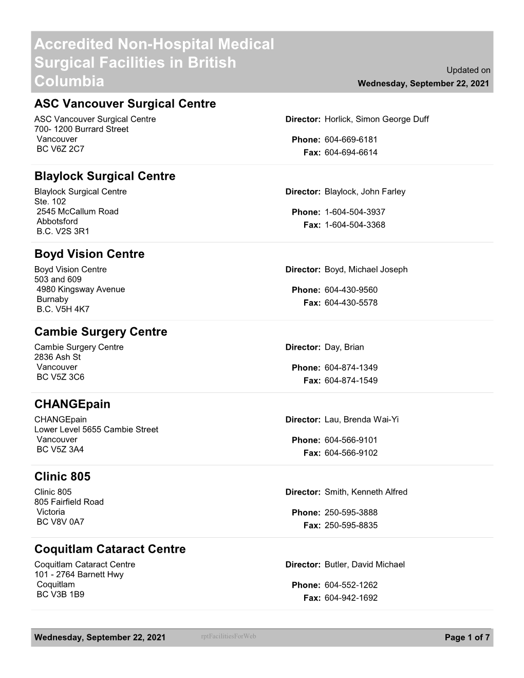 Accredited Non-Hospital Medical Surgical Facilities in British Columbia