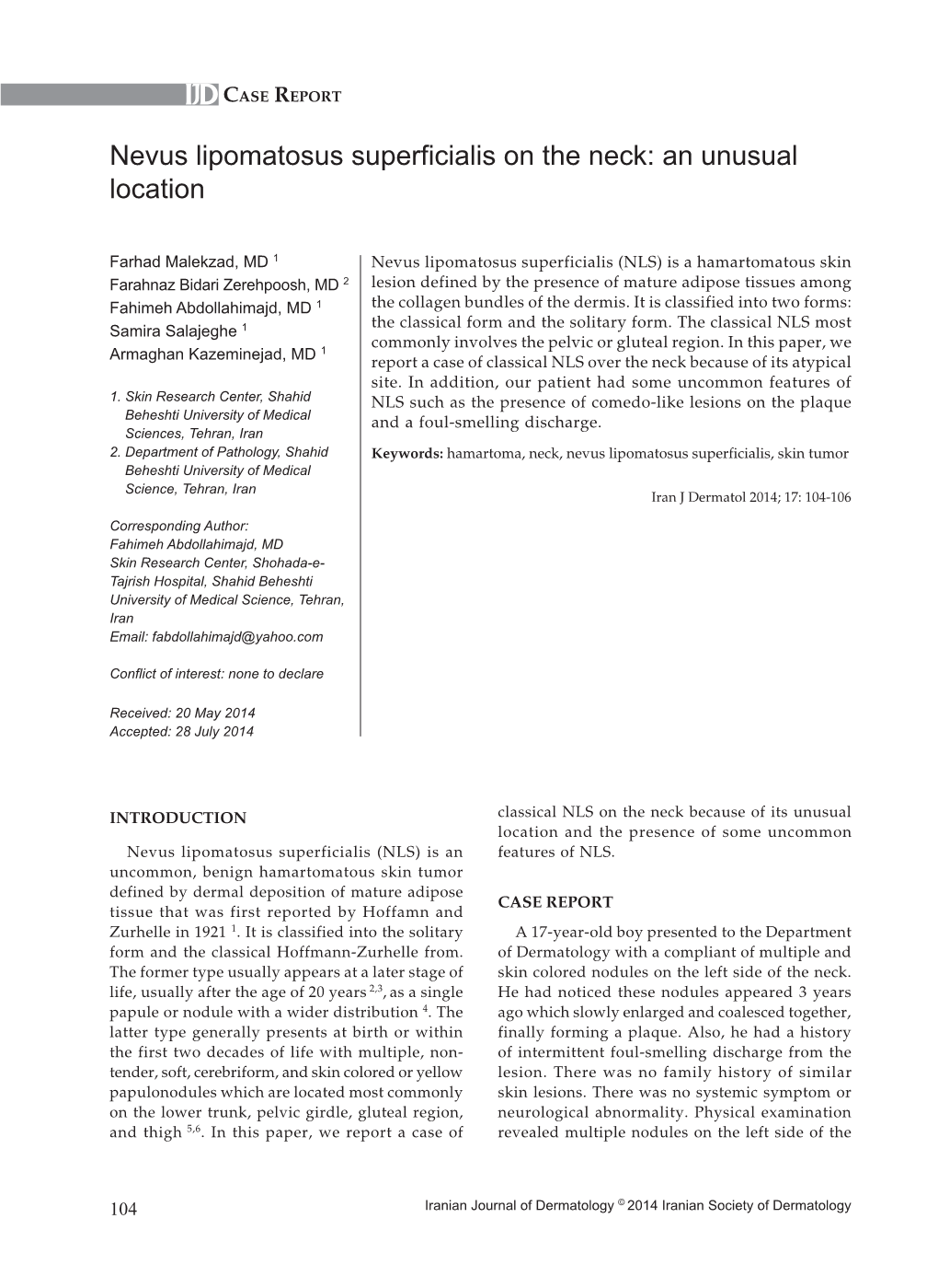 Nevus Lipomatosus Superficialis on the Neck: an Unusual Location