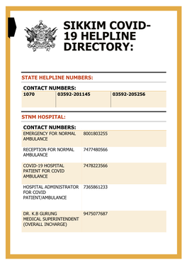 Sikkim Covid- 19 Helpline Directory