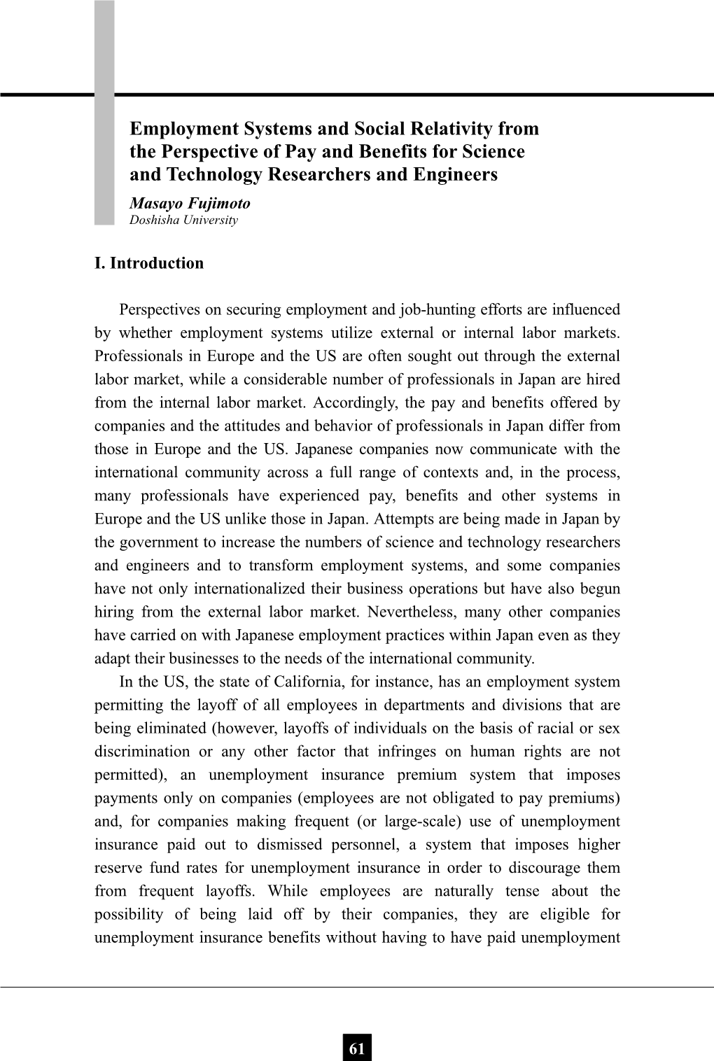 Employment Systems and Social Relativity from the Perspective Of