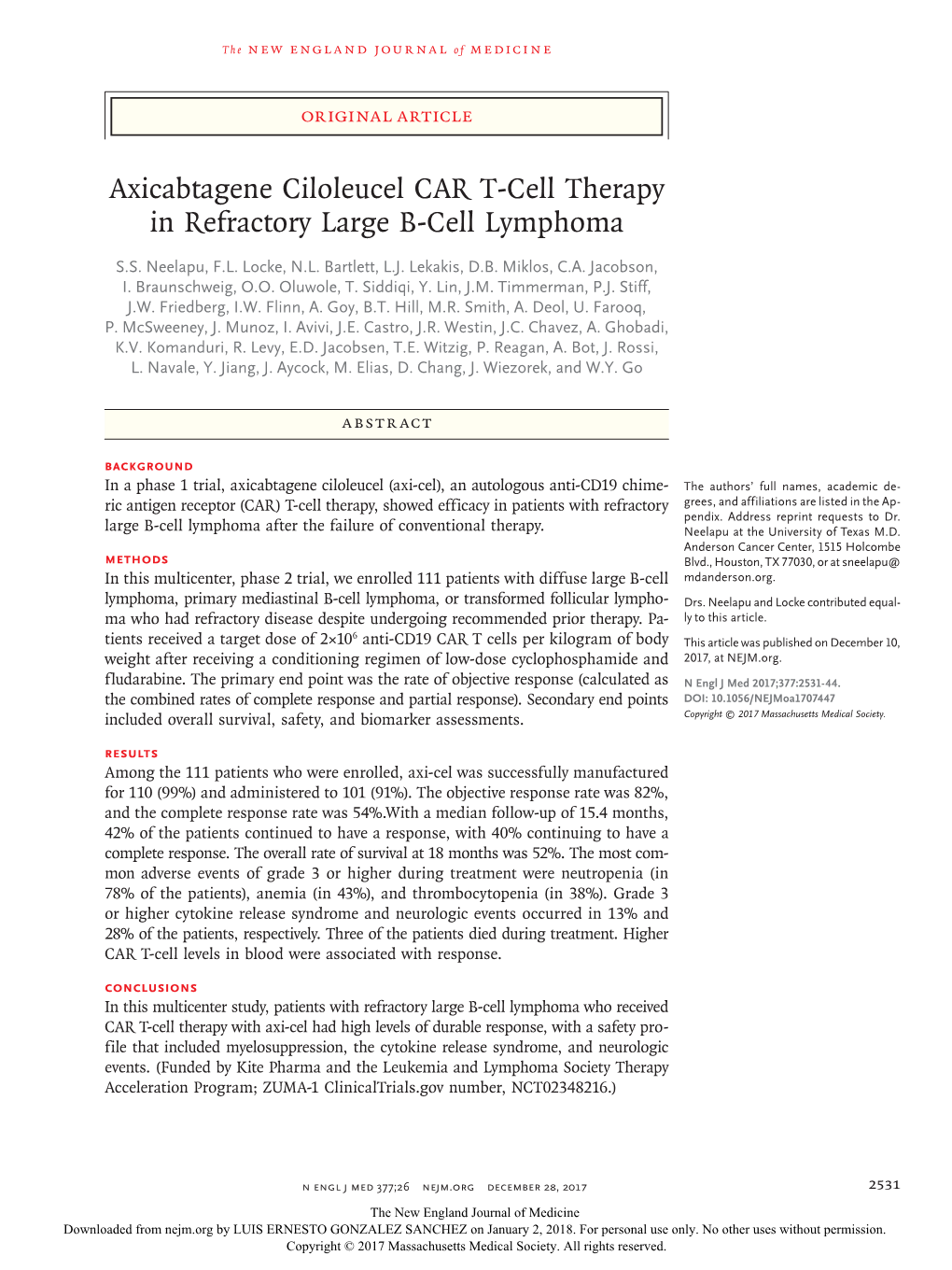 Axicabtagene Ciloleucel CAR T-Cell Therapy in Refractory Large B-Cell Lymphoma