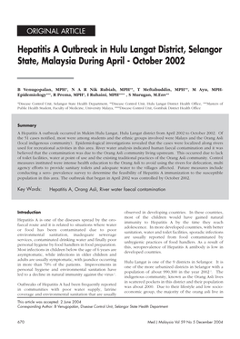 Hepatitis a Outbreak in Hulu Langat District, Selangor State, Malaysia During April - October 2002