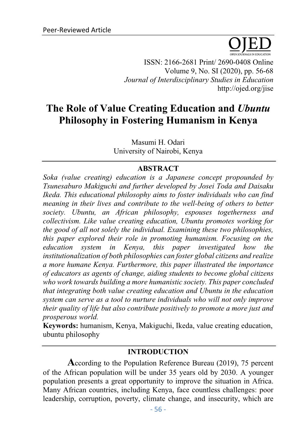 The Role of Value Creating Education and Ubuntu Philosophy in Fostering Humanism in Kenya