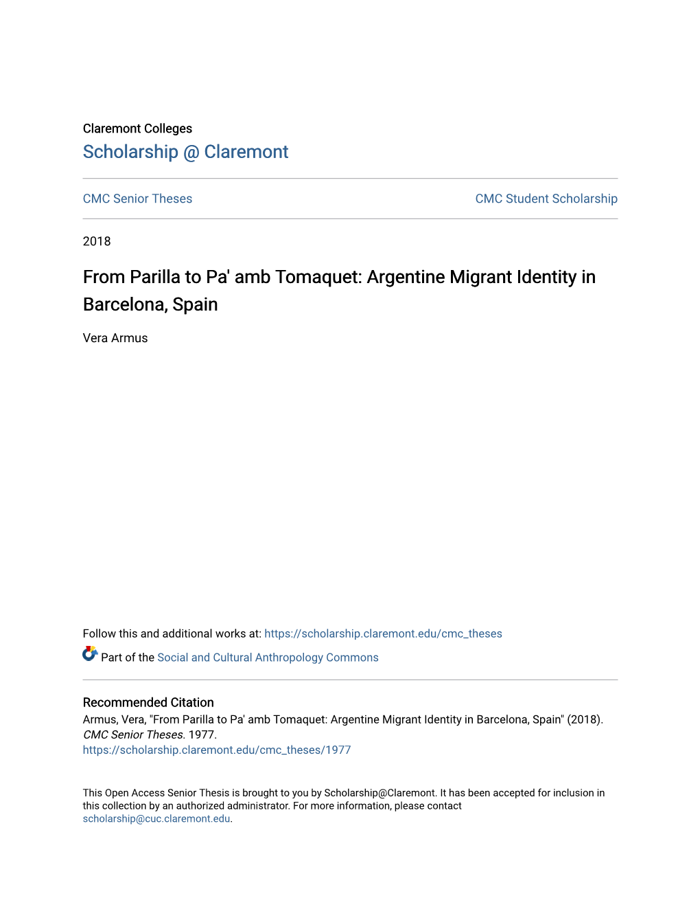 From Parilla to Pa' Amb Tomaquet: Argentine Migrant Identity in Barcelona, Spain