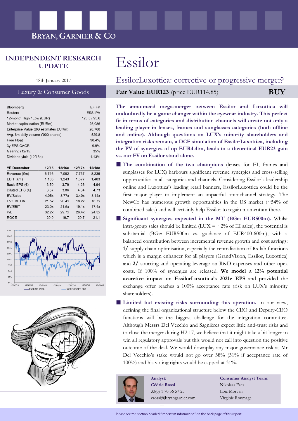 Essilorluxottica: Corrective Or Progressive Merger? Luxury & Consumer Goods Fair Value EUR123 (Price EUR114.85) BUY