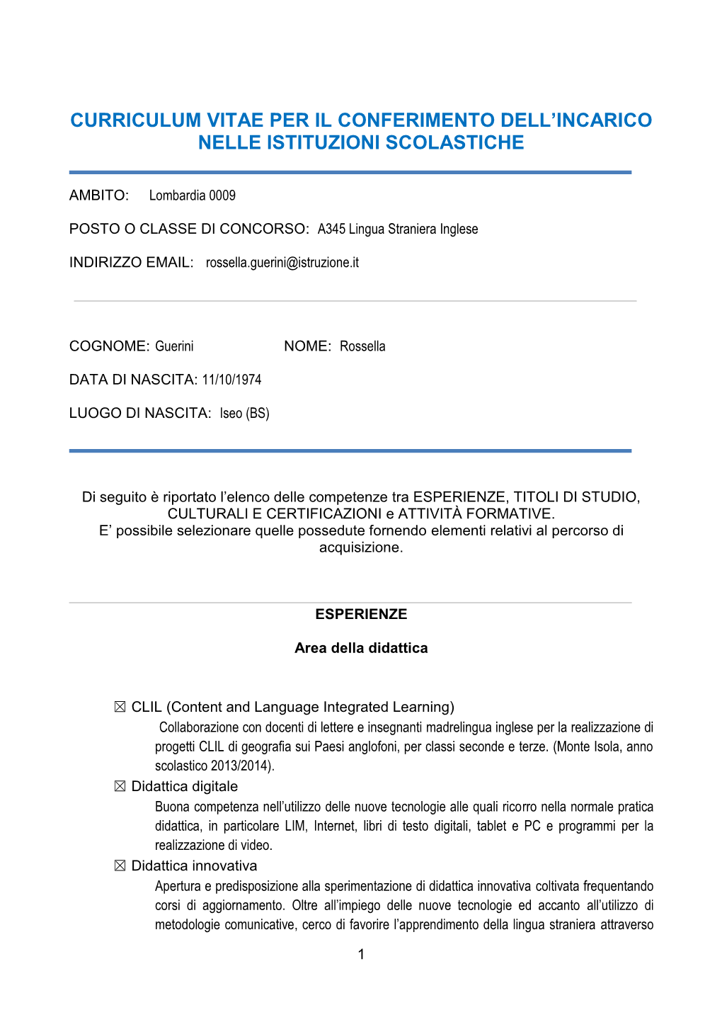 Curriculum Vitae Per Il Conferimento Dell'incarico Nelle Istituzioni Scolastiche