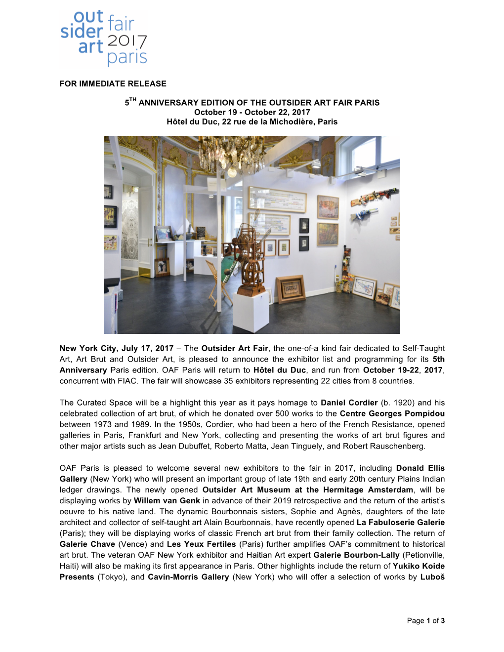 FOR IMMEDIATE RELEASE 5TH ANNIVERSARY EDITION of the OUTSIDER ART FAIR PARIS October 19