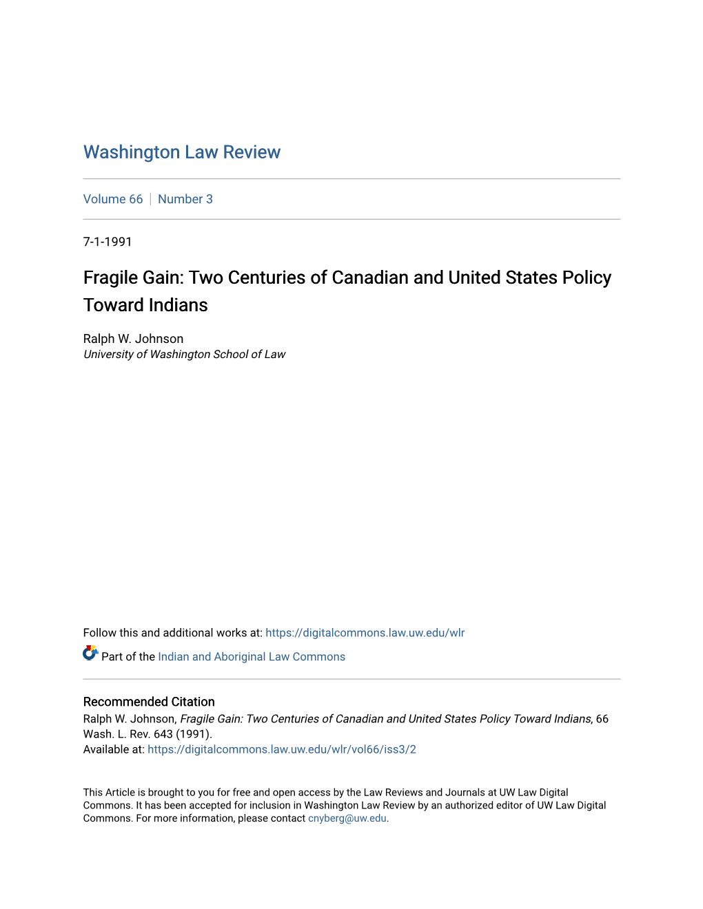 Two Centuries of Canadian and United States Policy Toward Indians