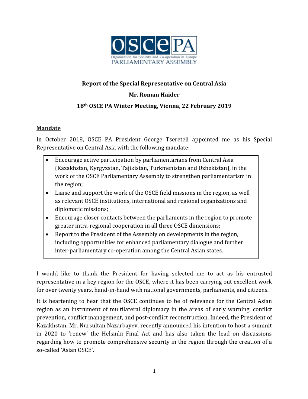 Report of the Special Representative on Central Asia Mr. Roman Haider 18Th OSCE PA Winter Meeting, Vienna, 22 February 2019