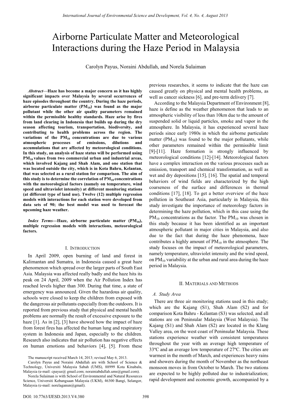 Airborne Particulate Matter and Meteorological Interactions During the Haze Period in Malaysia