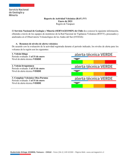 Reporte De Actividad Volcánica (RAV) Nº1 Enero De 2021 Región De Tarapacá