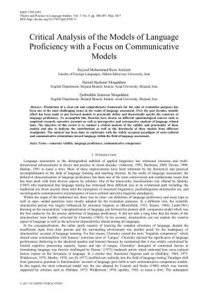 Critical Analysis of the Models of Language Proficiency with a Focus on Communicative Models