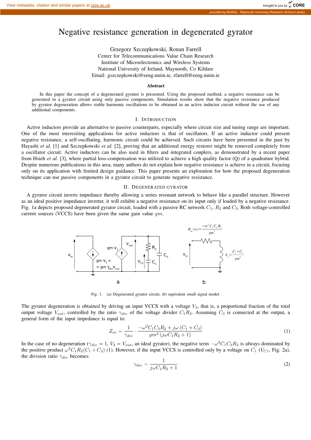 Negative Resistance Generation in Degenerated Gyrator