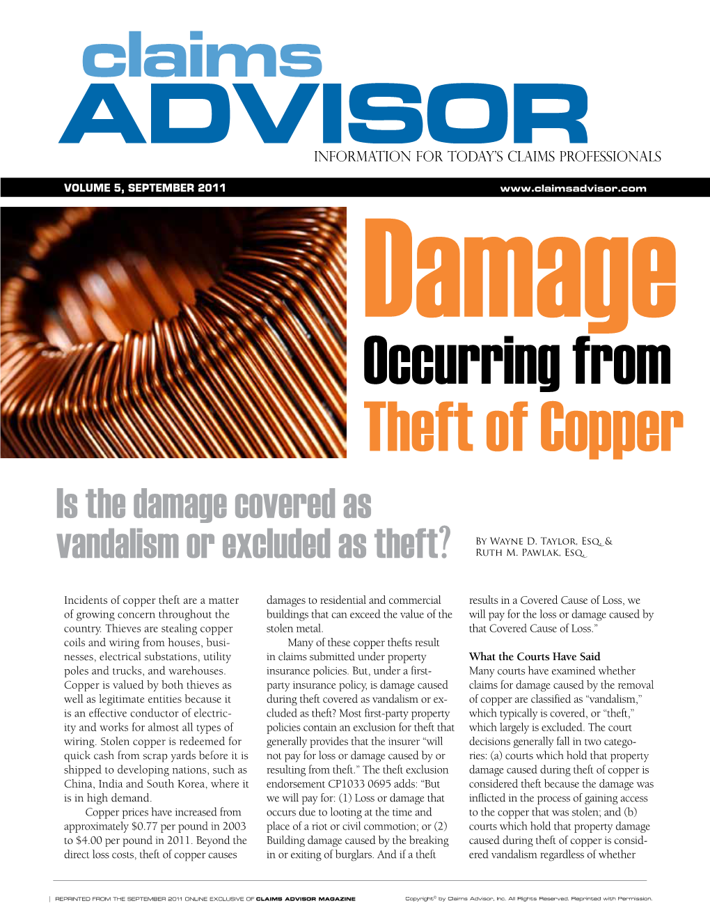 Damage Occurring from Theft of Copper Is the Damage Covered As by Wayne D