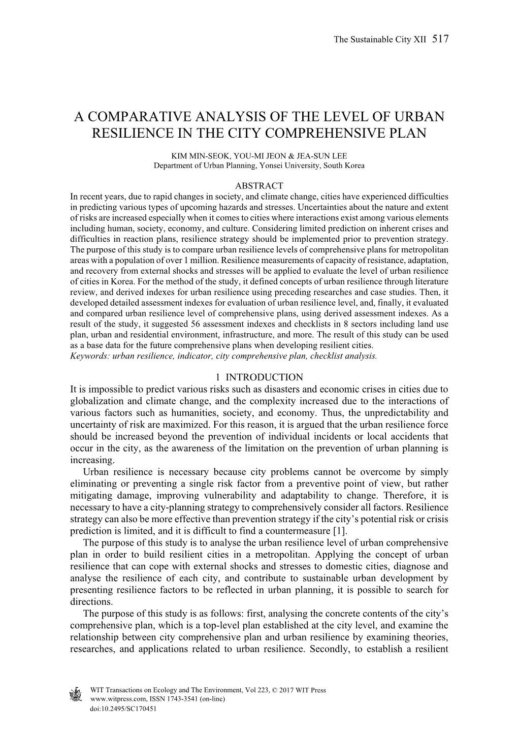 A Comparative Analysis of the Level of Urban Resilience in the City Comprehensive Plan