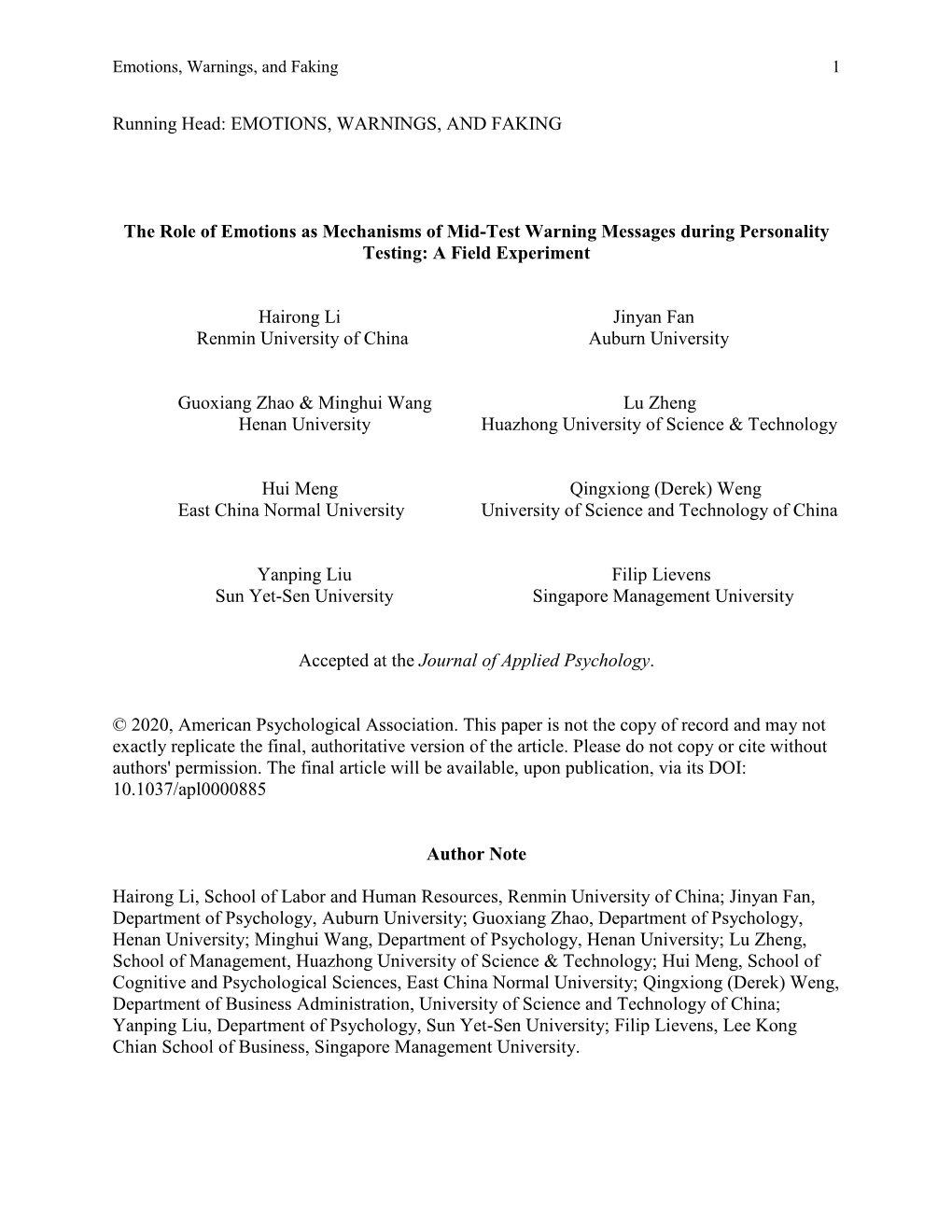 The Role of Emotions As Mechanisms of Mid-Test Warning Messages During Personality Testing: a Field Experiment