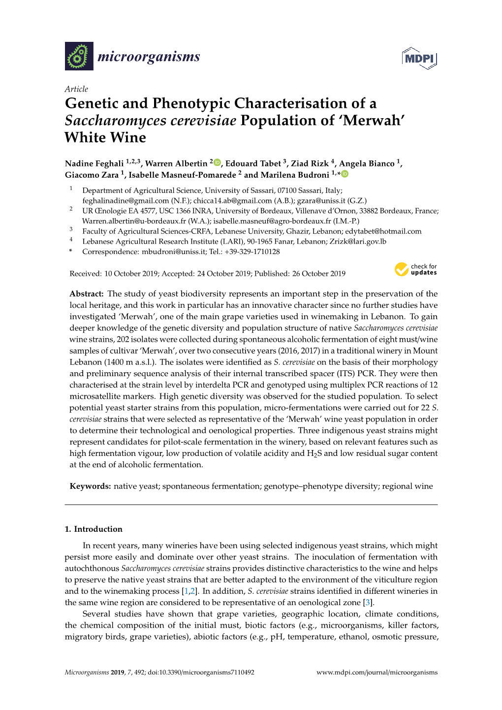 Genetic and Phenotypic Characterisation of a Saccharomyces Cerevisiae Population of ‘Merwah’ White Wine