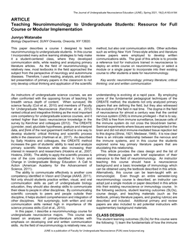 ARTICLE Teaching Neuroimmunology to Undergraduate Students: Resource for Full Course Or Modular Implementation