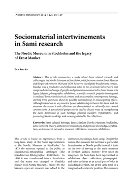 Sociomaterial Intertwinements in Sami Research the Nordic Museum in Stockholm and the Legacy of Ernst Manker