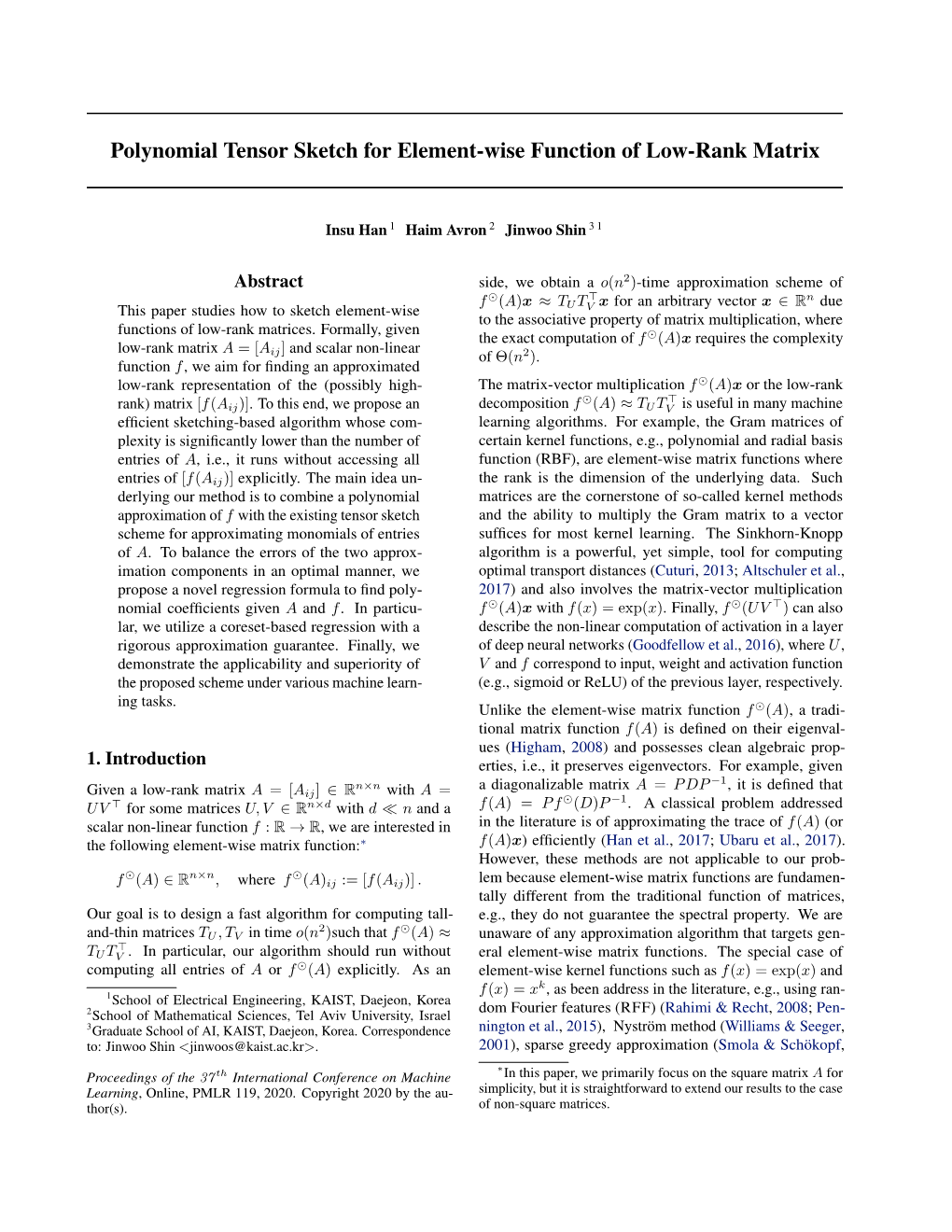 Polynomial Tensor Sketch for Element-Wise Function of Low-Rank Matrix