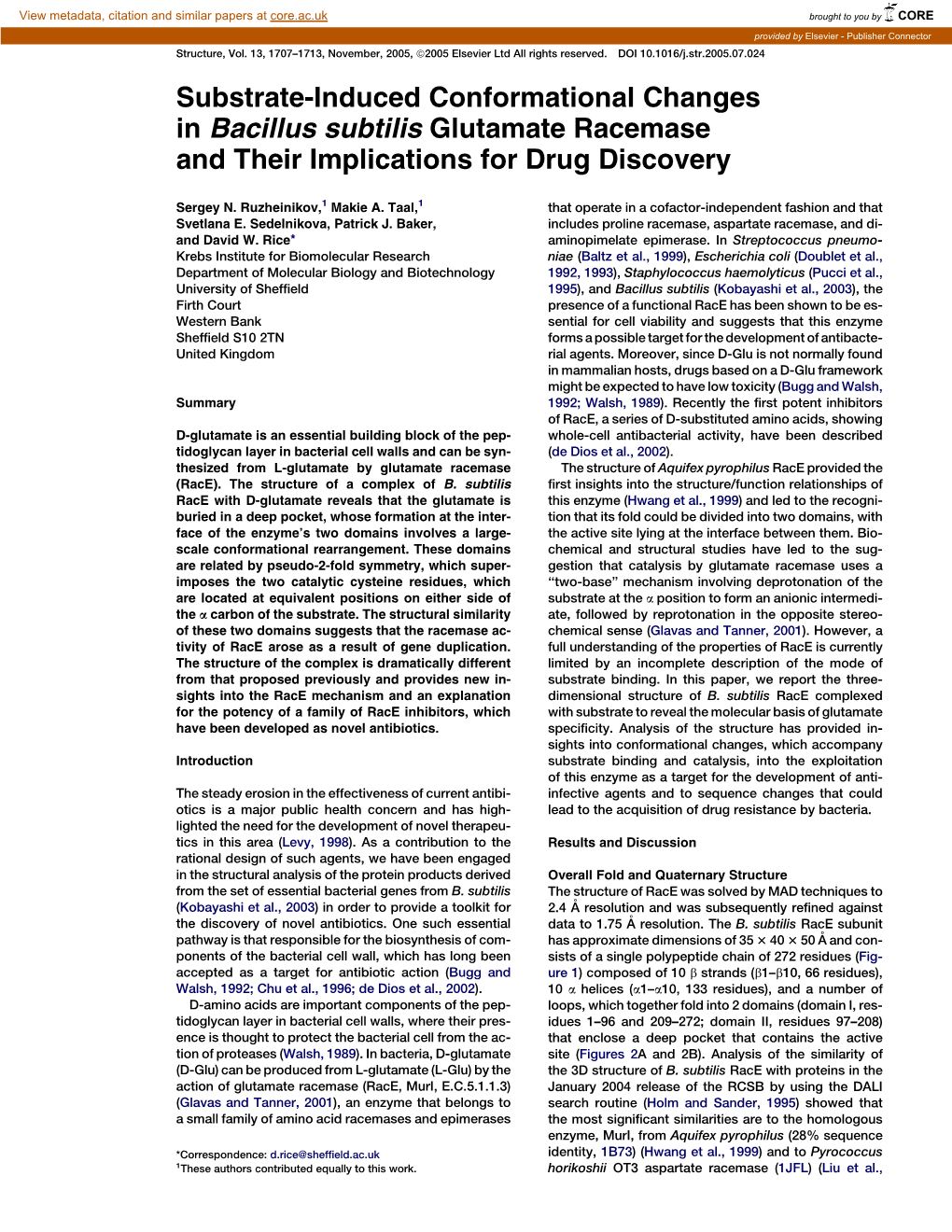 Substrate-Induced Conformational Changes in Bacillus Subtilis Glutamate Racemase and Their Implications for Drug Discovery