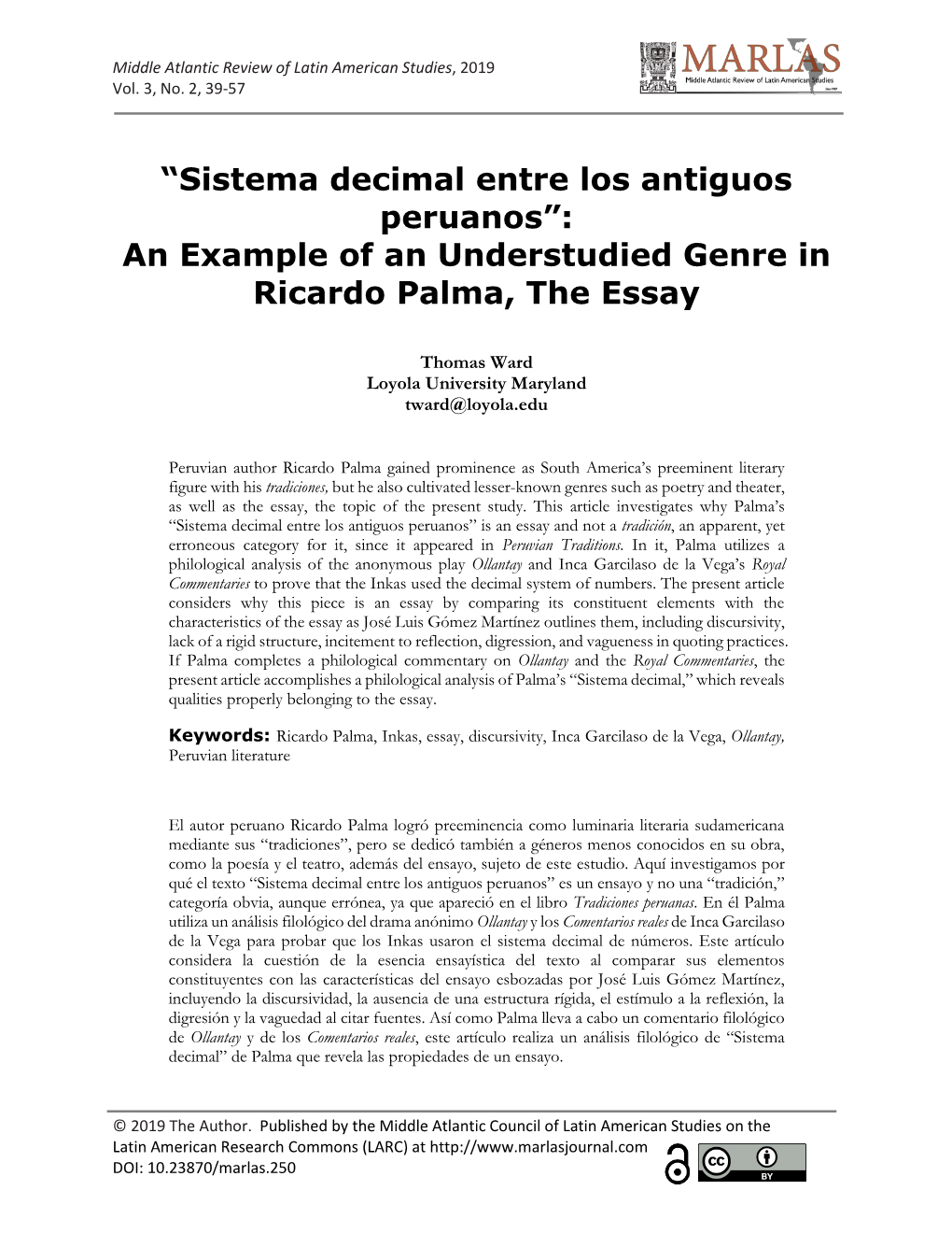 An Example of an Understudied Genre in Ricardo Palma, the Essay