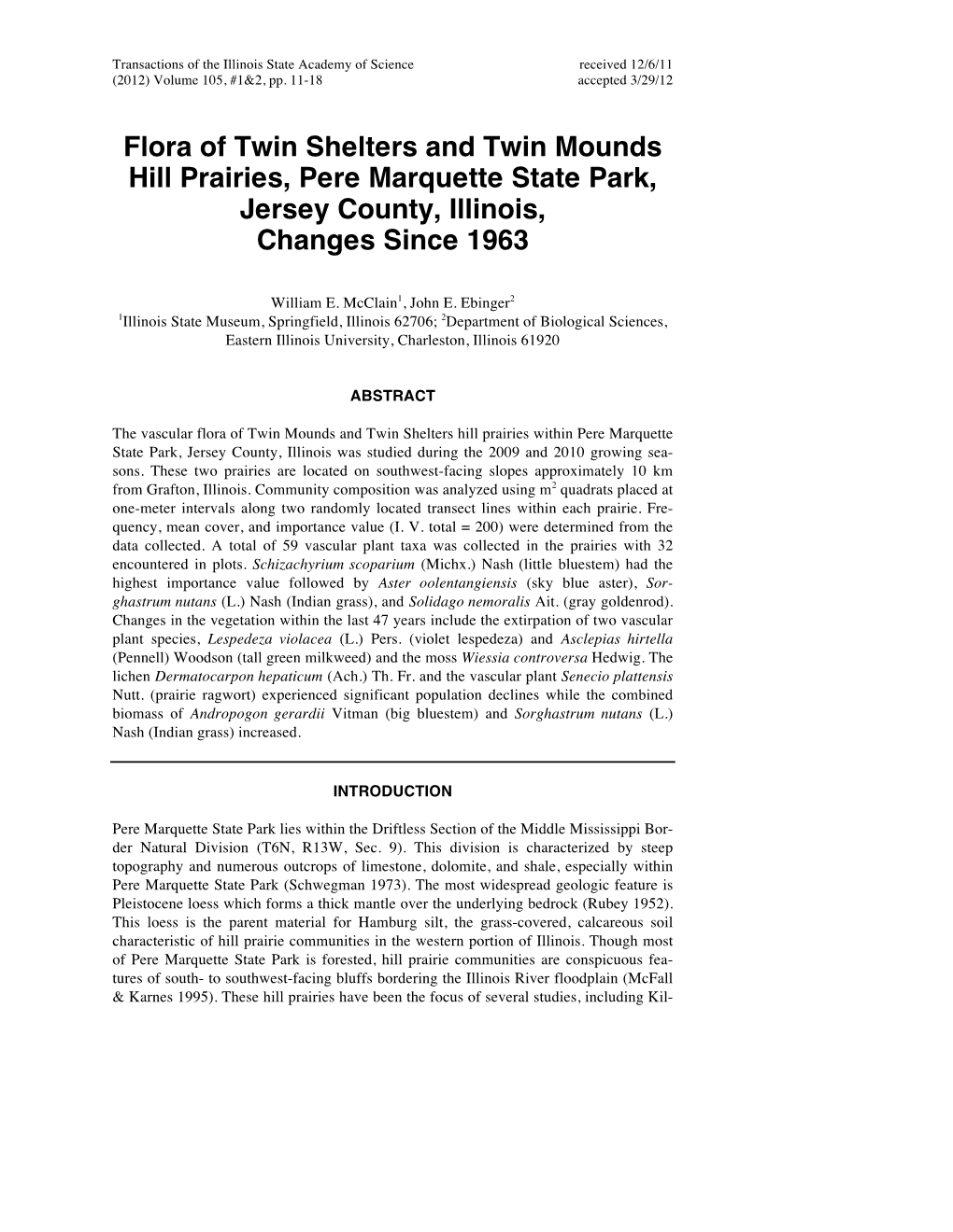 Flora of Twin Shelters and Twin Mounds Hill Prairies, Pere Marquette State Park, Jersey County, Illinois, Changes Since 1963