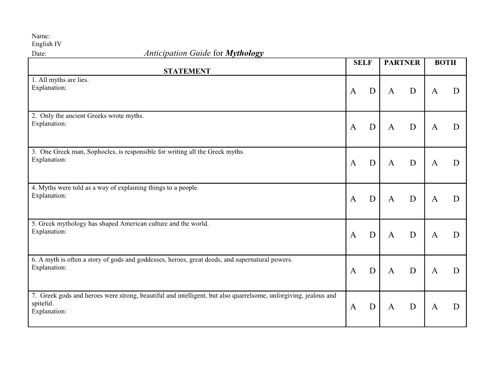 Date: Anticipation Guide for Mythology