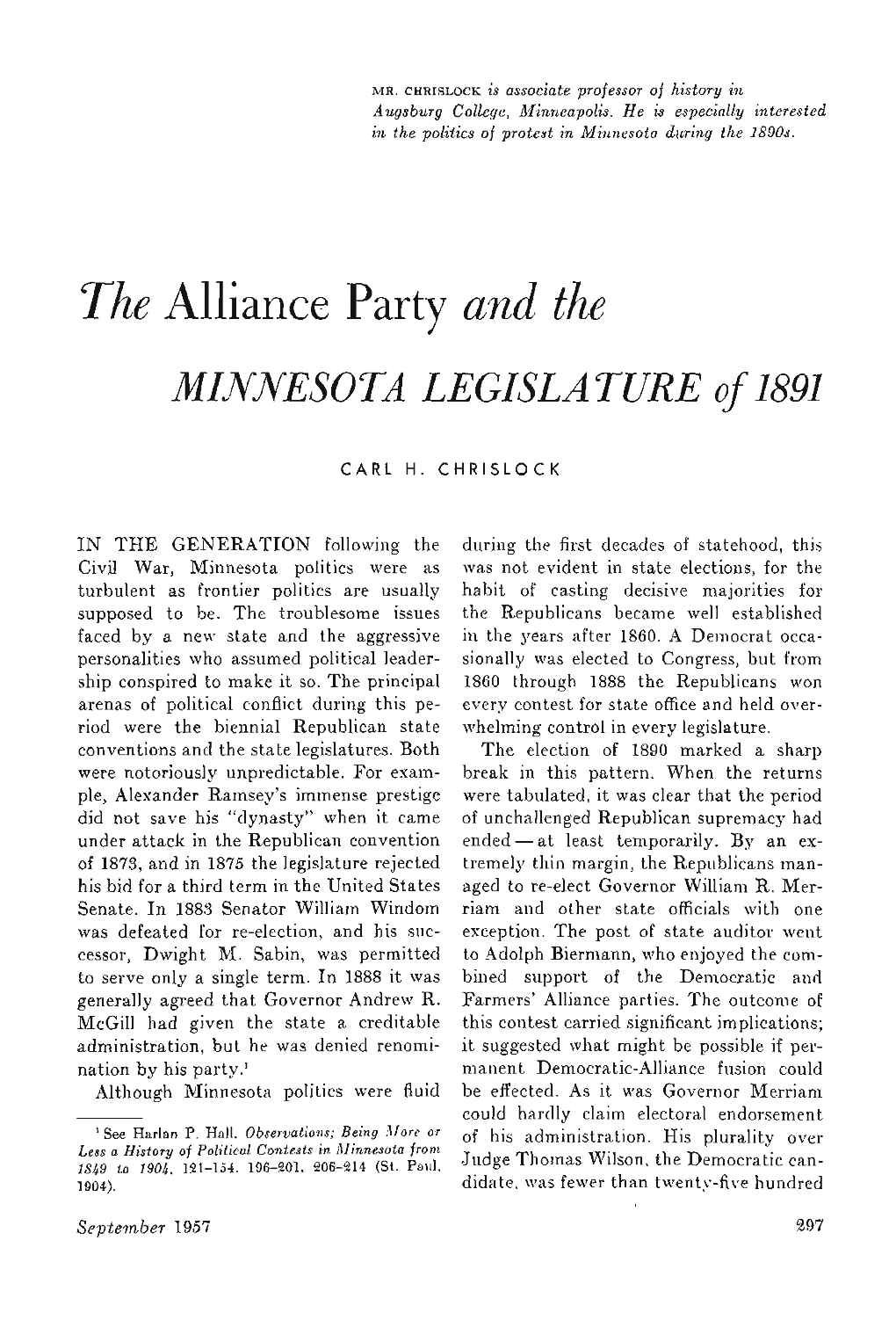 The Alliance Party and the Minnesota Legislature of 1891