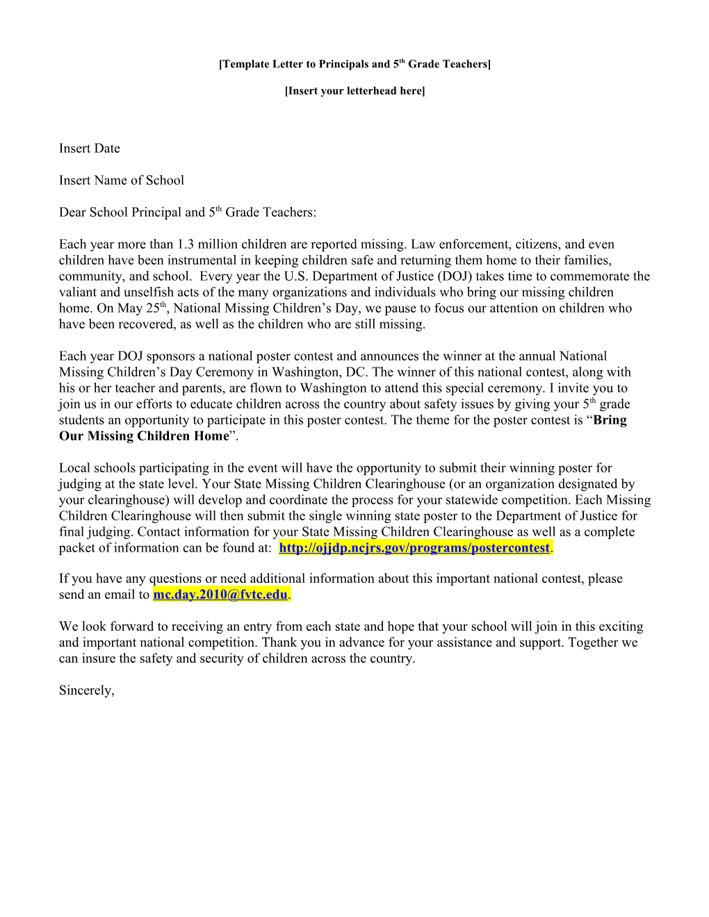 Template Letter to Principals and 5Th Grade Teachers