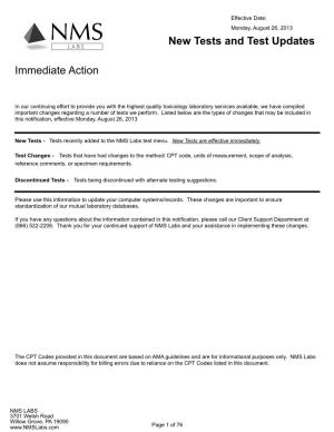 Immediate Action New Tests and Test Updates