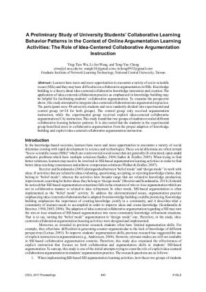 A Preliminary Study of University Students' Collaborative Learning Behavior Patterns in the Context of Online Argumentation Le