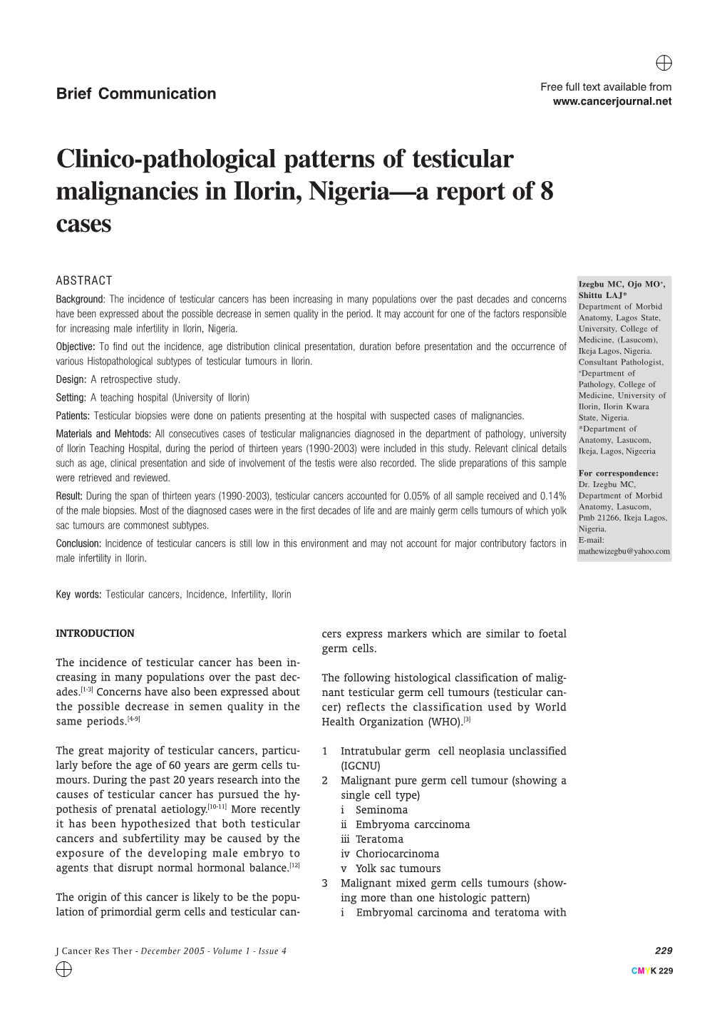 Clinico-Pathological Patterns of Testicular Malignancies in Ilorin, Nigeria—A Report of 8 Cases