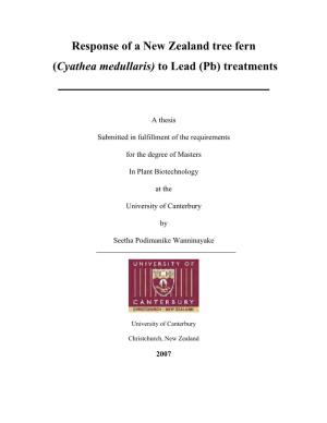 Response of a New Zealand Tree Fern (Cyathea Medullaris) to Lead (Pb) Treatments