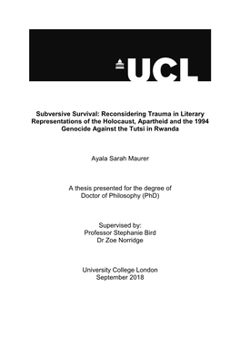 Reconsidering Trauma in Literary Representations of the Holocaust, Apartheid and the 1994 Genocide Against the Tutsi in Rwanda