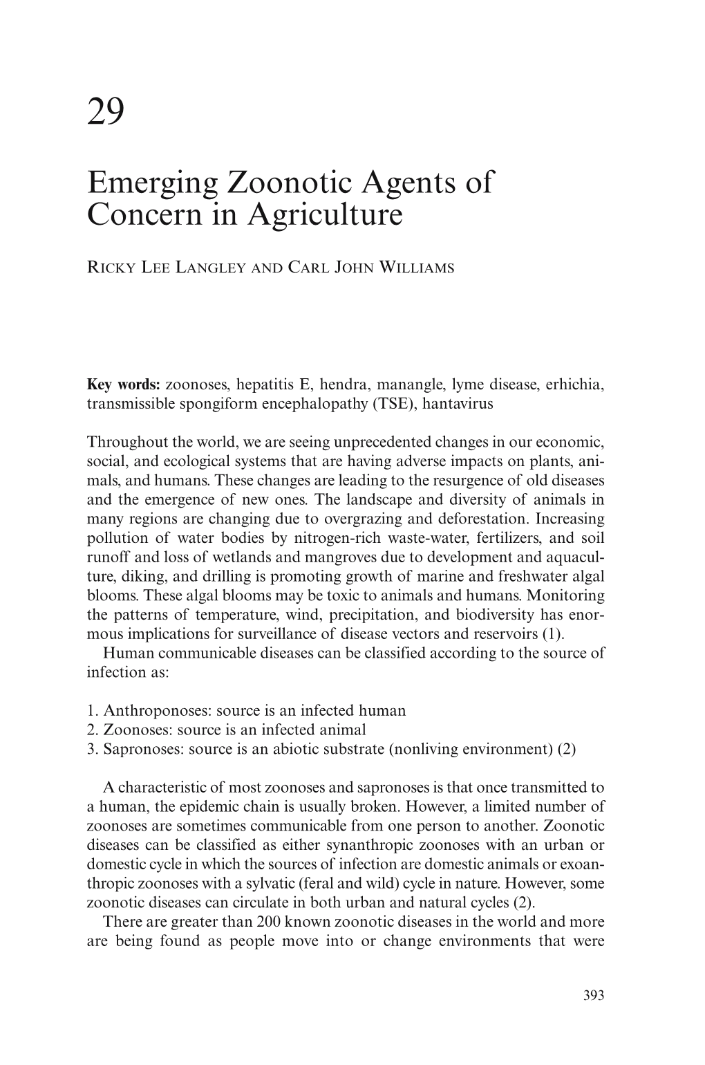 Emerging Zoonotic Agents of Concern in Agriculture
