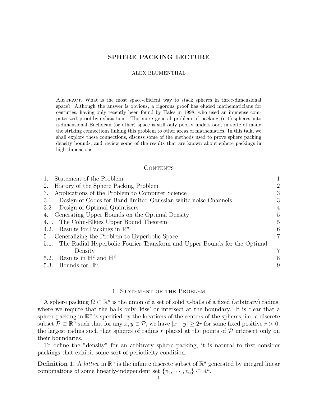 Sphere Packing Lecture