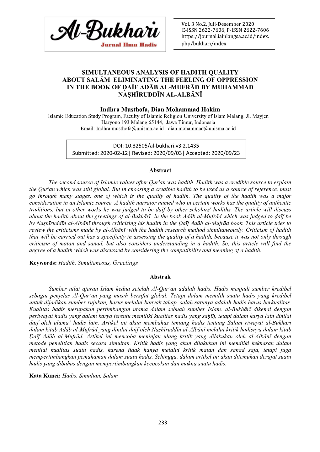 Simultaneous Analysis of Hadith Quality About Salām Eliminating the Feeling of Oppression in the Book of Ḍaīf Adāb Al-Mufrād by Muhammad Naṣhīruddīn Al-Albānī