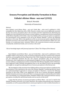 Sensory Perception and Identity Formation in Hans Fallada's Kleiner Mann